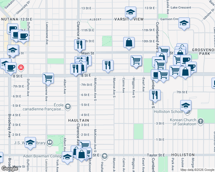 map of restaurants, bars, coffee shops, grocery stores, and more near 1119 6 Street East in Saskatoon