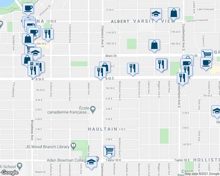 map of restaurants, bars, coffee shops, grocery stores, and more near 1017 7 Street East in Saskatoon
