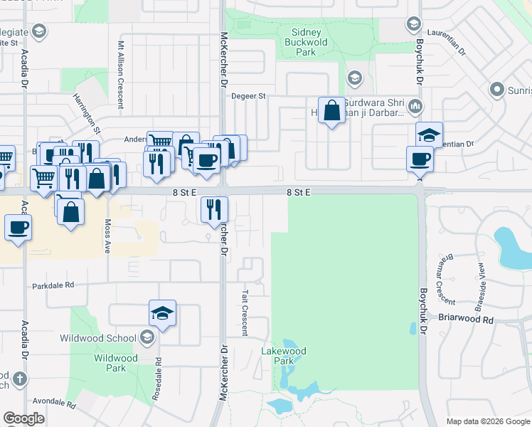 map of restaurants, bars, coffee shops, grocery stores, and more near 4040 8 Street East in Saskatoon