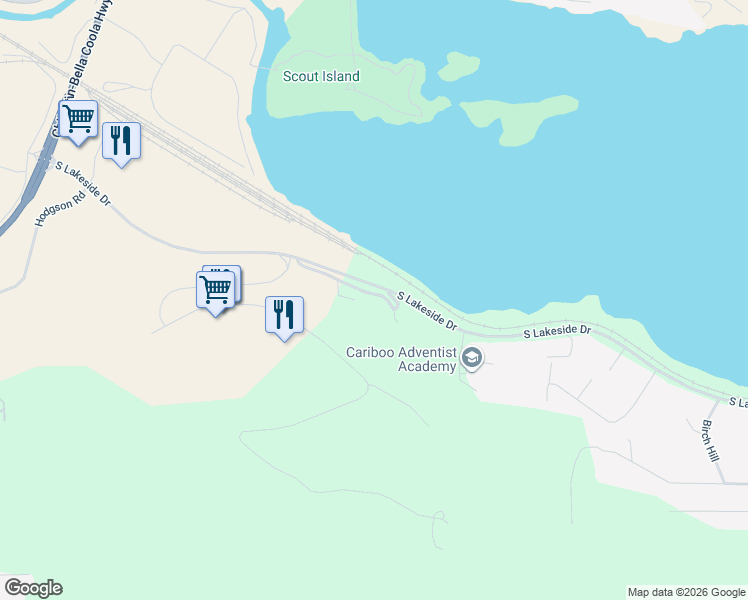 map of restaurants, bars, coffee shops, grocery stores, and more near 1273 South Lakeside Drive in Williams Lake