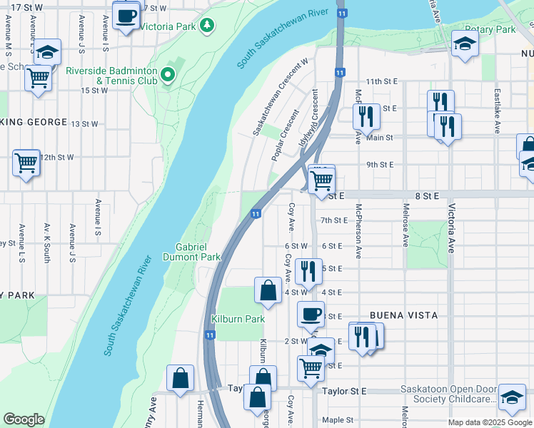 map of restaurants, bars, coffee shops, grocery stores, and more near 1125 Kilburn Avenue in Saskatoon