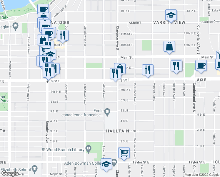 map of restaurants, bars, coffee shops, grocery stores, and more near 922 8 Street East in Saskatoon