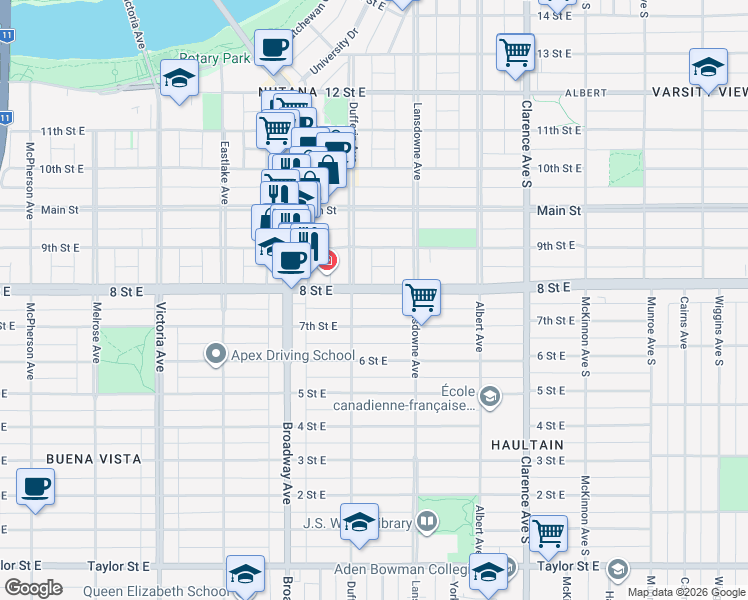 map of restaurants, bars, coffee shops, grocery stores, and more near 710 8 Street East in Saskatoon