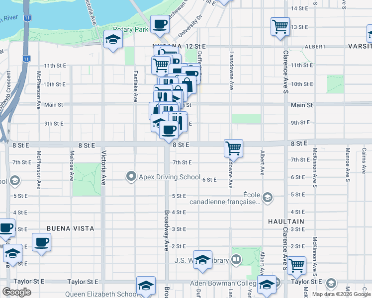 map of restaurants, bars, coffee shops, grocery stores, and more near 624 8 Street East in Saskatoon