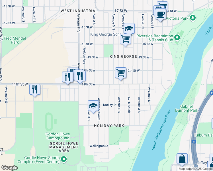 map of restaurants, bars, coffee shops, grocery stores, and more near in Saskatoon