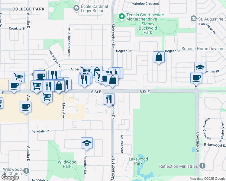 map of restaurants, bars, coffee shops, grocery stores, and more near 8 Street East in Saskatoon