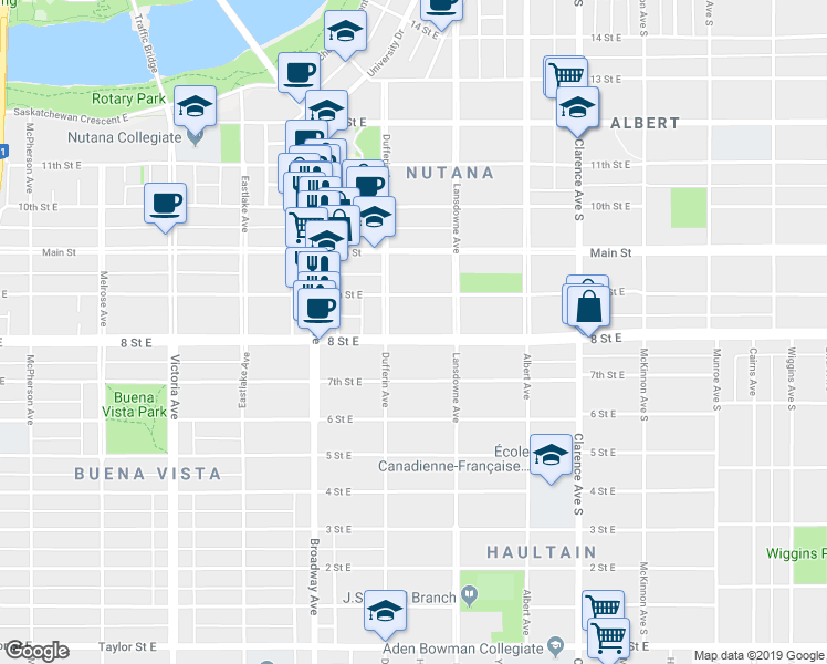 map of restaurants, bars, coffee shops, grocery stores, and more near 710 8 Street East in Saskatoon