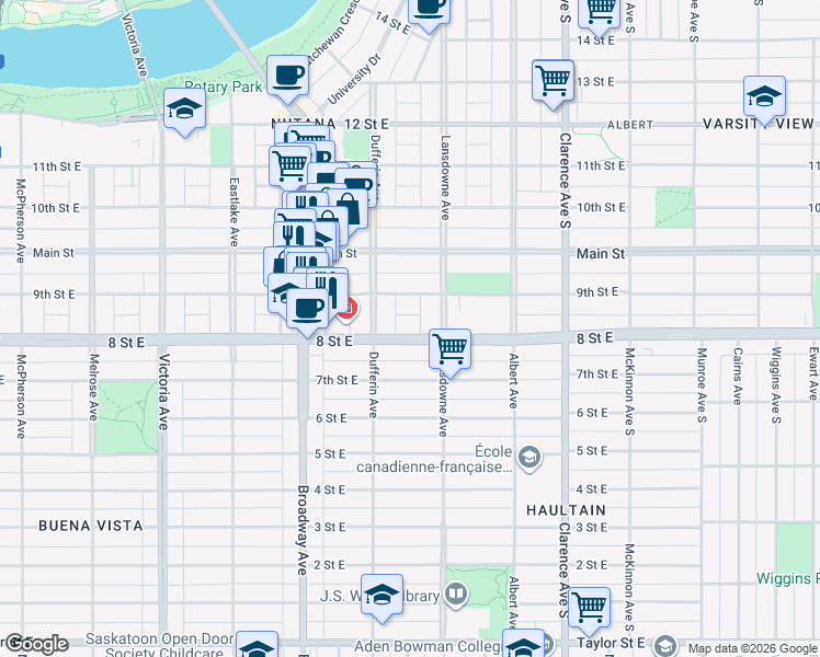 map of restaurants, bars, coffee shops, grocery stores, and more near 721 8 Street East in Saskatoon