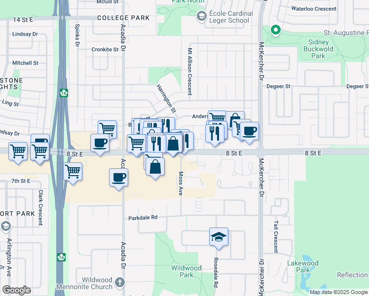 map of restaurants, bars, coffee shops, grocery stores, and more near 3701 8 Street East in Saskatoon