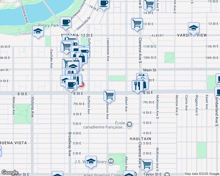map of restaurants, bars, coffee shops, grocery stores, and more near 1013 Lansdowne Avenue in Saskatoon