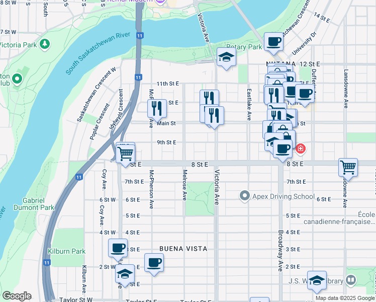 map of restaurants, bars, coffee shops, grocery stores, and more near 1009 Melrose Avenue in Saskatoon