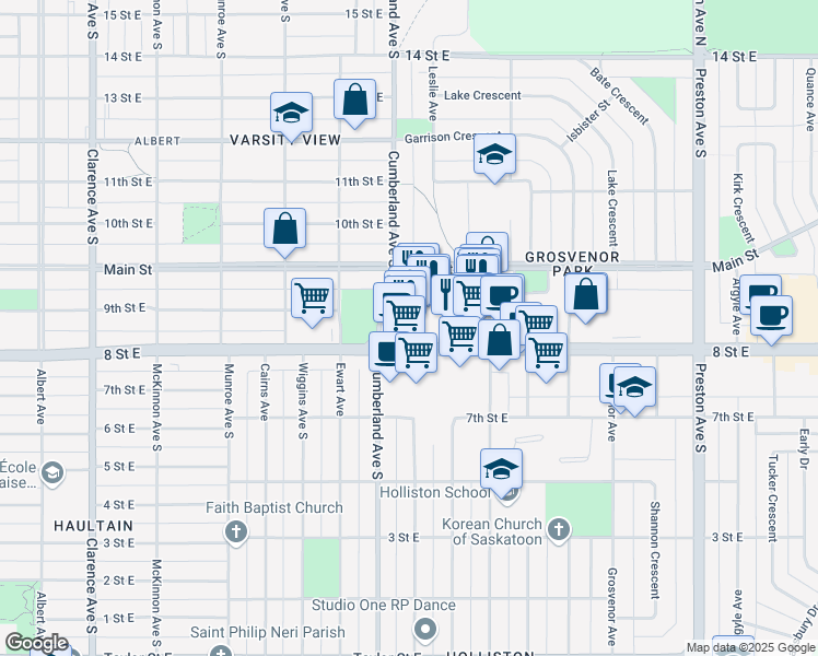 map of restaurants, bars, coffee shops, grocery stores, and more near 1507 8 Street East in Saskatoon