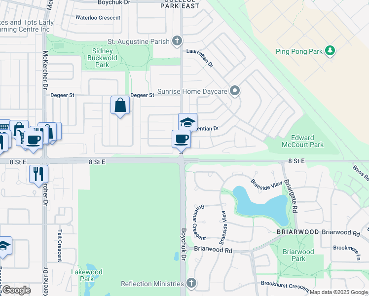 map of restaurants, bars, coffee shops, grocery stores, and more near 9-1025 Boychuk Drive in Saskatoon