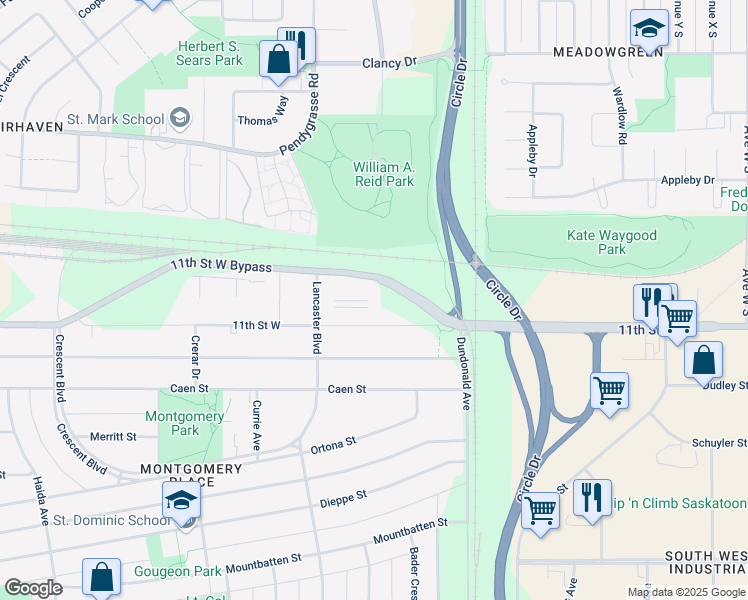 map of restaurants, bars, coffee shops, grocery stores, and more near 3130 11th Street West in Saskatoon