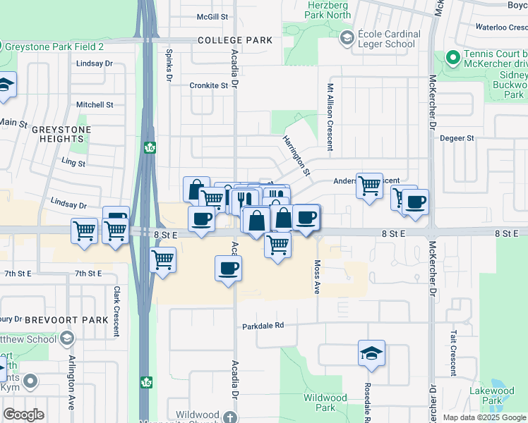 map of restaurants, bars, coffee shops, grocery stores, and more near 10 Anderson Crescent in Saskatoon