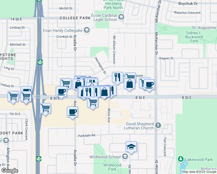 map of restaurants, bars, coffee shops, grocery stores, and more near 38 Anderson Crescent in Saskatoon