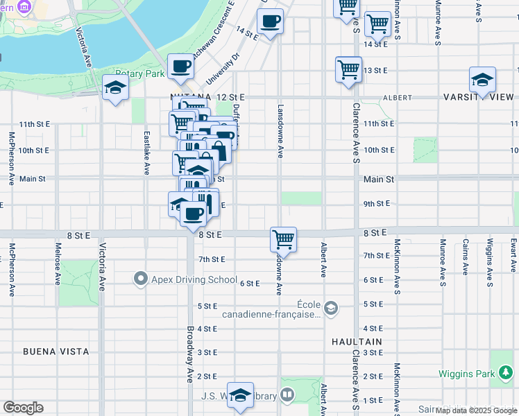 map of restaurants, bars, coffee shops, grocery stores, and more near in Saskatoon