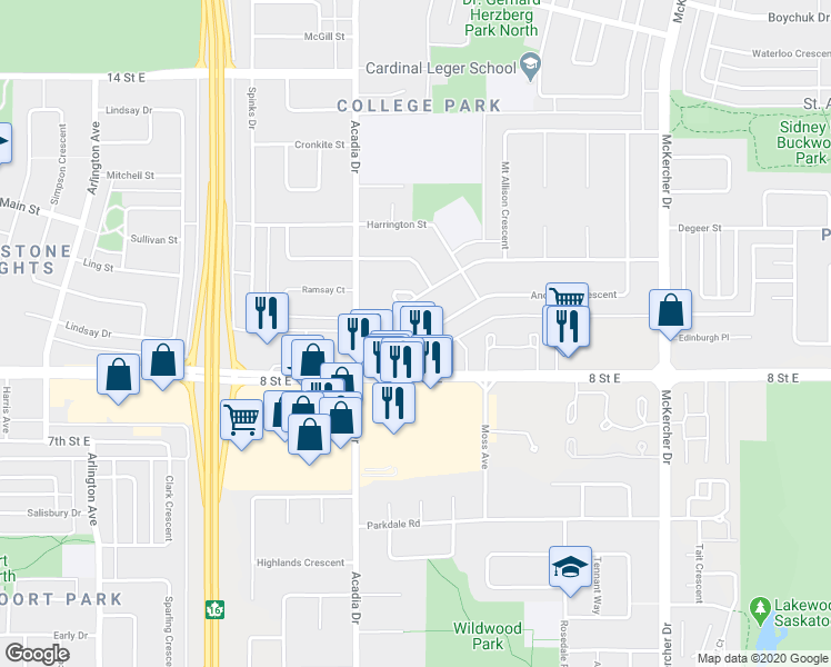 map of restaurants, bars, coffee shops, grocery stores, and more near 27 Anderson Crescent in Saskatoon