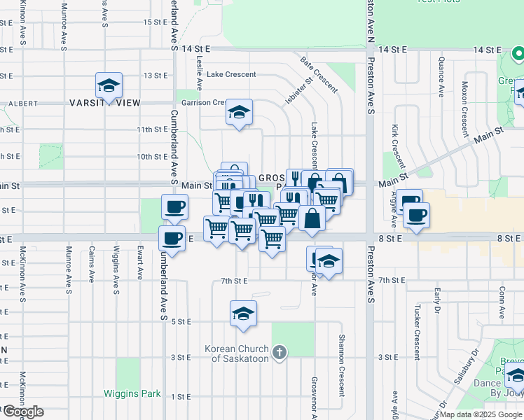 map of restaurants, bars, coffee shops, grocery stores, and more near 1800 Latham Place in Saskatoon