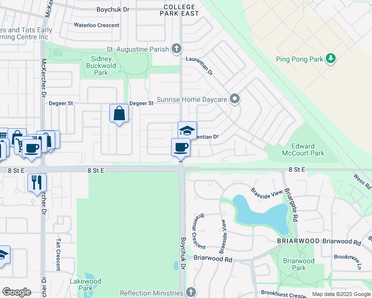 map of restaurants, bars, coffee shops, grocery stores, and more near 9-1025 Boychuk Drive in Saskatoon