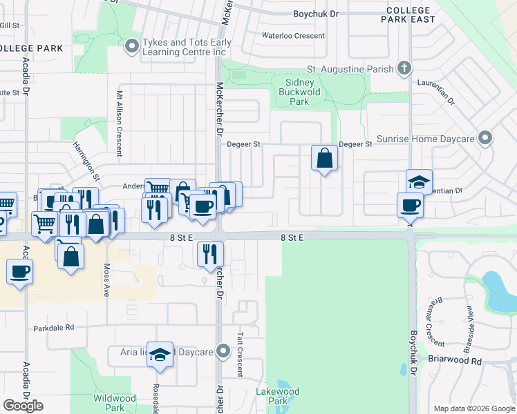 map of restaurants, bars, coffee shops, grocery stores, and more near 114 Edinburgh Place in Saskatoon