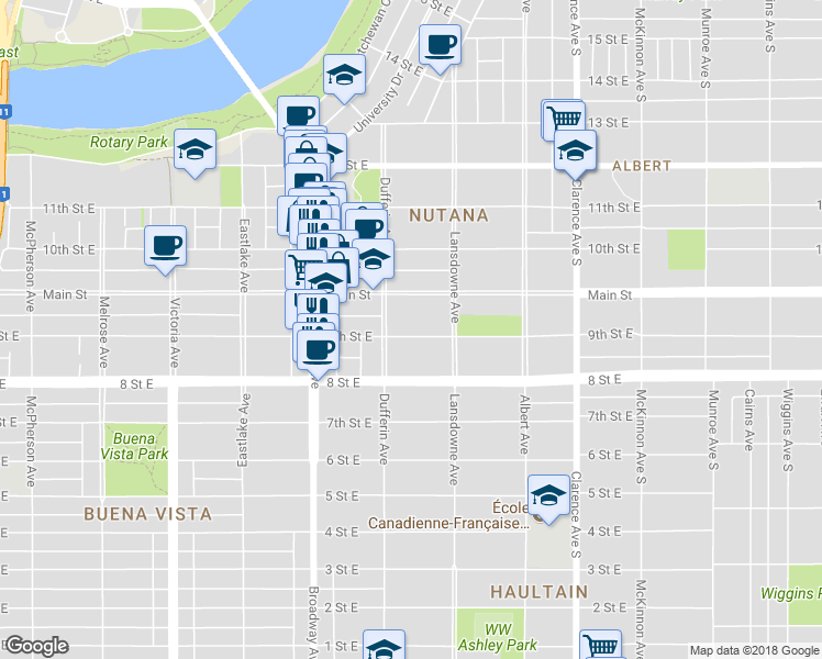 map of restaurants, bars, coffee shops, grocery stores, and more near 711 9 Street East in Saskatoon