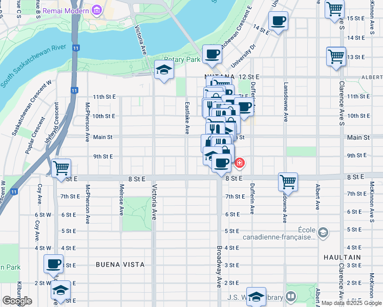 map of restaurants, bars, coffee shops, grocery stores, and more near 503 9th Street East in Saskatoon