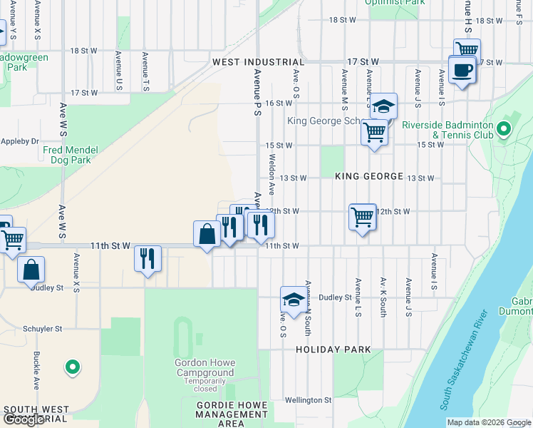 map of restaurants, bars, coffee shops, grocery stores, and more near 1001 Weldon Avenue in Saskatoon