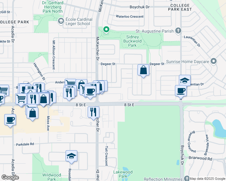 map of restaurants, bars, coffee shops, grocery stores, and more near 118 Edinburgh Place in Saskatoon