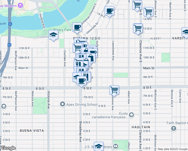 map of restaurants, bars, coffee shops, grocery stores, and more near 631 9th Street East in Saskatoon