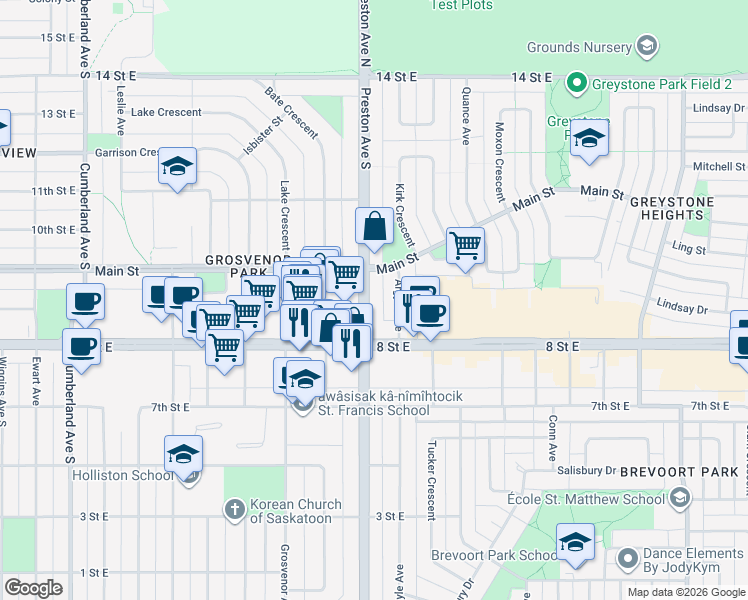 map of restaurants, bars, coffee shops, grocery stores, and more near 909 Preston Avenue South in Saskatoon