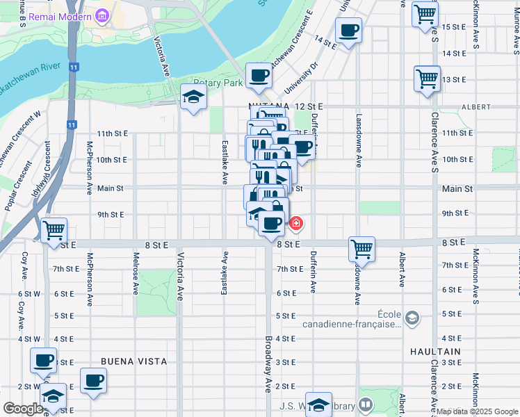 map of restaurants, bars, coffee shops, grocery stores, and more near 922 Broadway Bridge in Saskatoon