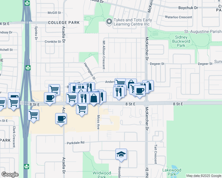 map of restaurants, bars, coffee shops, grocery stores, and more near 3819 Luther Place in Saskatoon