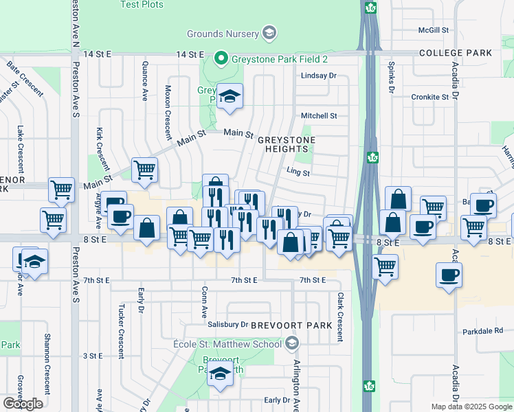 map of restaurants, bars, coffee shops, grocery stores, and more near 204 Lindsay Place in Saskatoon