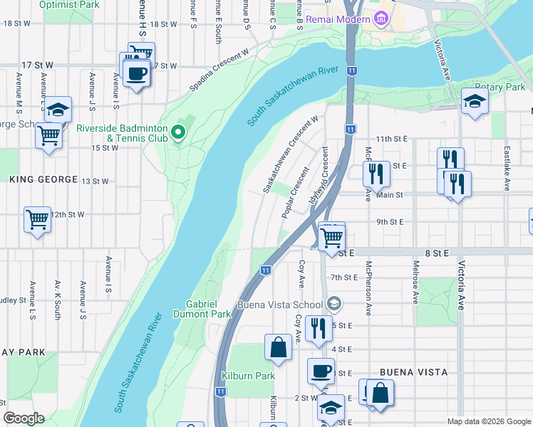 map of restaurants, bars, coffee shops, grocery stores, and more near 312 Saskatchewan Crescent West in Saskatoon
