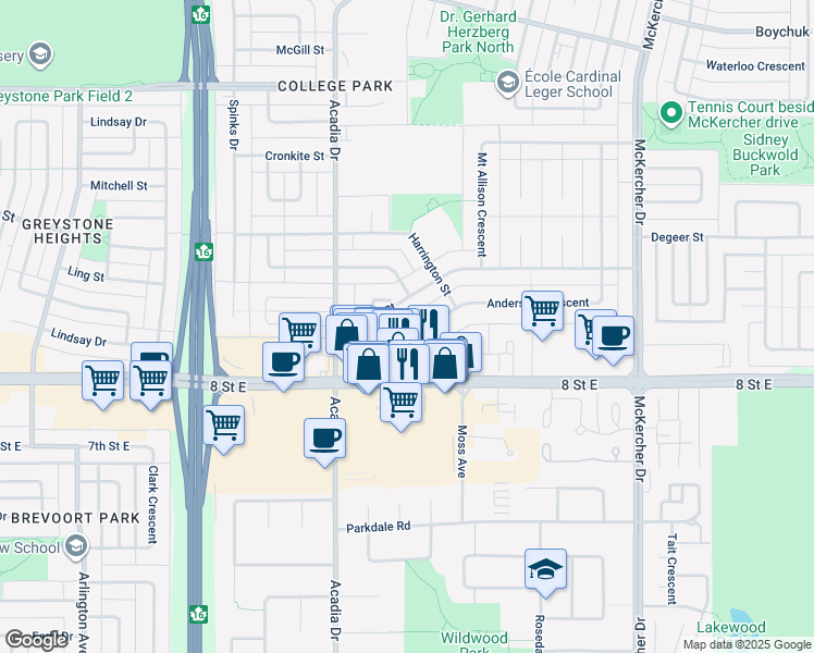 map of restaurants, bars, coffee shops, grocery stores, and more near 27 Anderson Crescent in Saskatoon