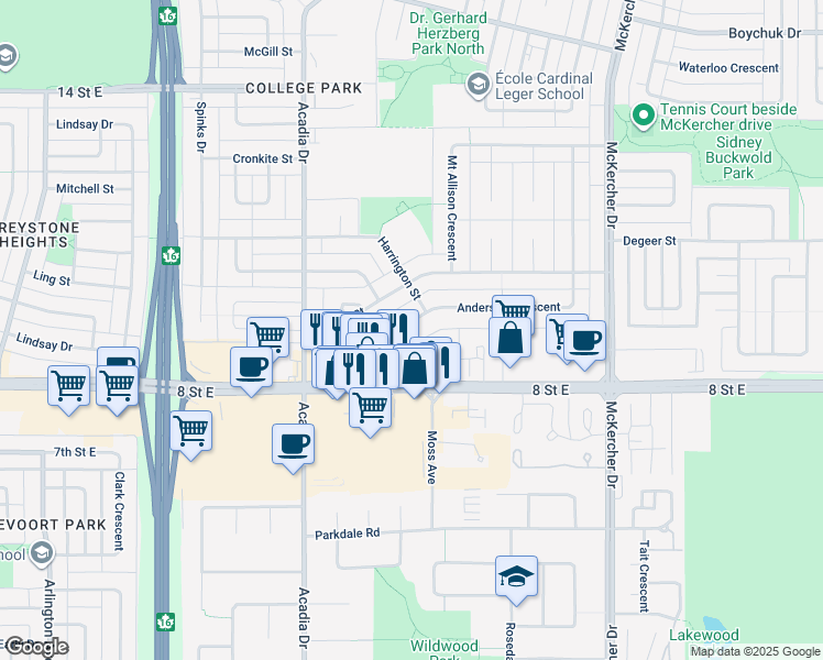 map of restaurants, bars, coffee shops, grocery stores, and more near 38 Anderson Crescent in Saskatoon