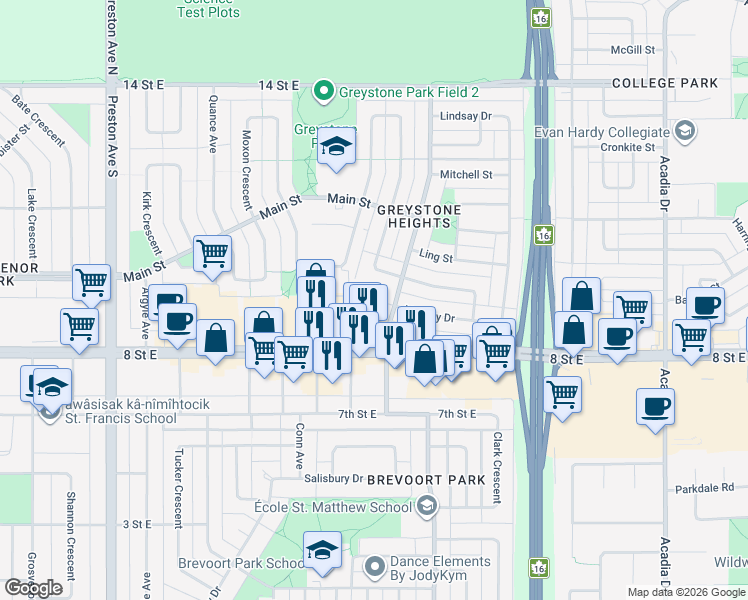 map of restaurants, bars, coffee shops, grocery stores, and more near Lindsay Place in Saskatoon