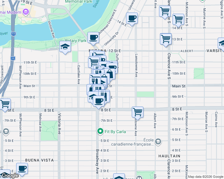 map of restaurants, bars, coffee shops, grocery stores, and more near 640 Main Street in Saskatoon