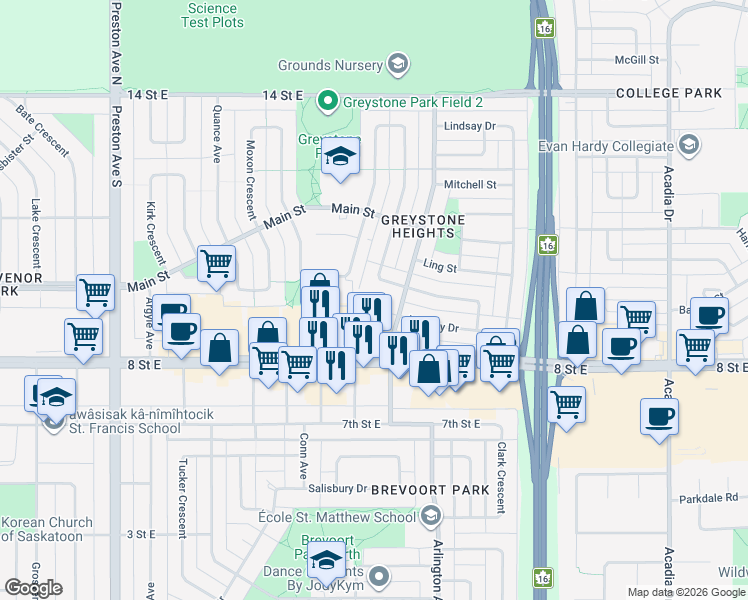 map of restaurants, bars, coffee shops, grocery stores, and more near 210 Lindsay Place in Saskatoon