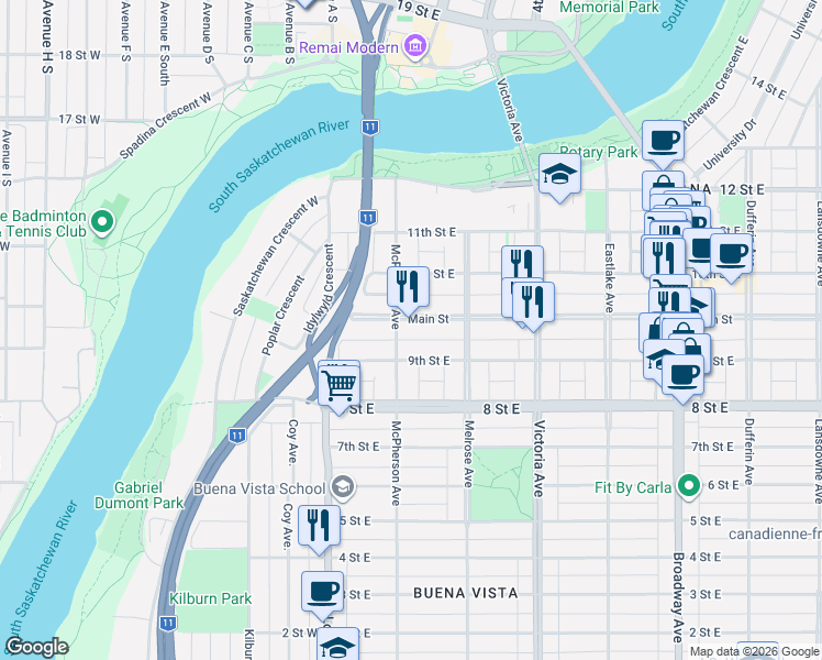 map of restaurants, bars, coffee shops, grocery stores, and more near 208 Main Street in Saskatoon