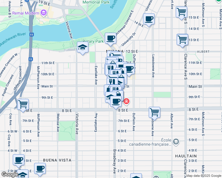 map of restaurants, bars, coffee shops, grocery stores, and more near 922 Broadway Bridge in Saskatoon