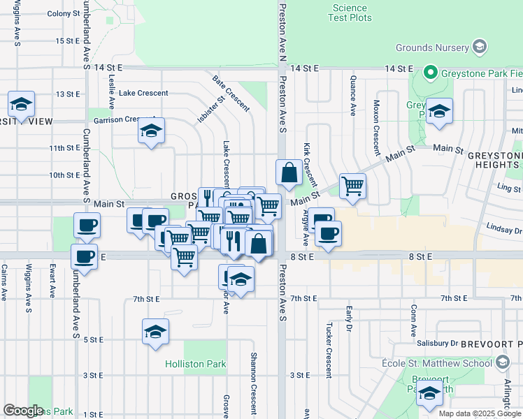 map of restaurants, bars, coffee shops, grocery stores, and more near 2104 Main Street in Saskatoon