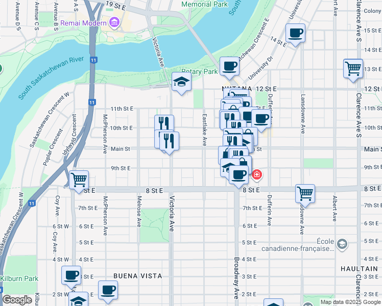 map of restaurants, bars, coffee shops, grocery stores, and more near in Saskatoon