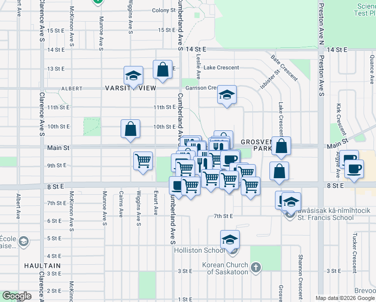 map of restaurants, bars, coffee shops, grocery stores, and more near 1506 Main Street in Saskatoon