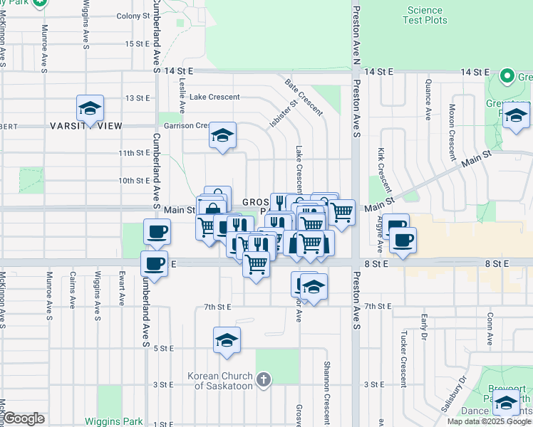 map of restaurants, bars, coffee shops, grocery stores, and more near 1850 Main Street in Saskatoon