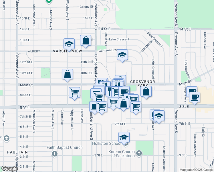 map of restaurants, bars, coffee shops, grocery stores, and more near 1507 8 Street East in Saskatoon