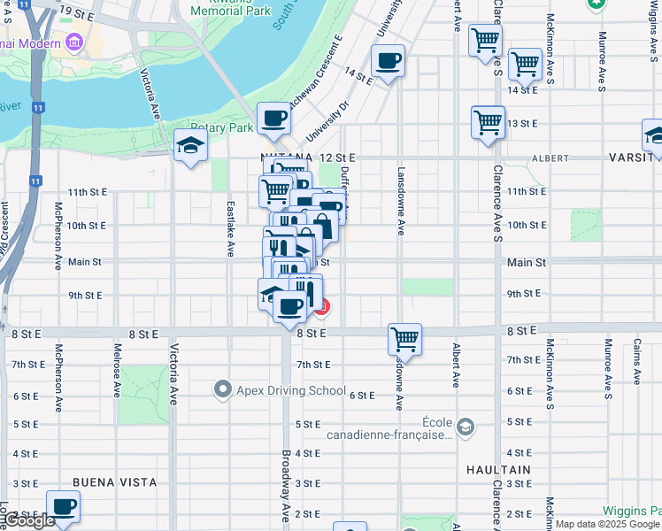 map of restaurants, bars, coffee shops, grocery stores, and more near 631 9th Street East in Saskatoon