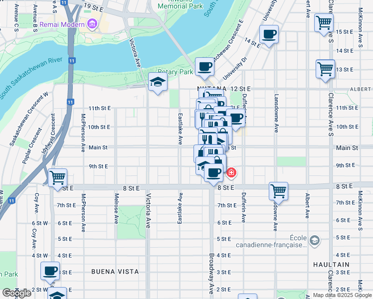 map of restaurants, bars, coffee shops, grocery stores, and more near 503 9th Street East in Saskatoon