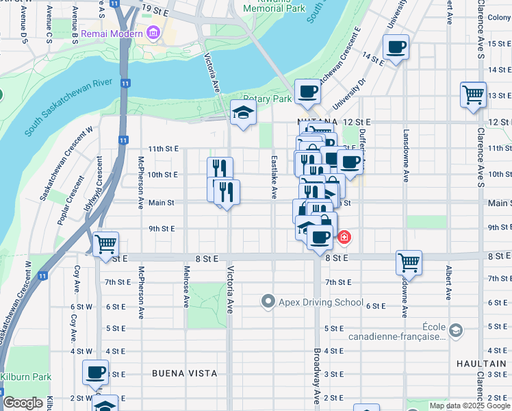 map of restaurants, bars, coffee shops, grocery stores, and more near in Saskatoon